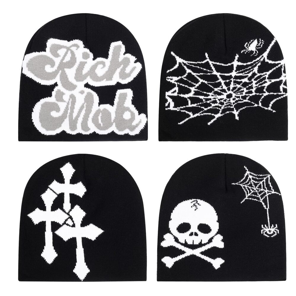 1054 4Pcs Y2k Beanie Winter Knitted Graphic Beanie Warm Y2k Hat